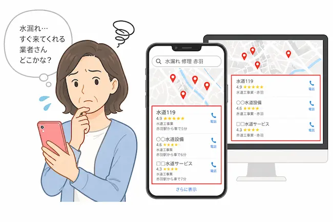 水漏れで困った女性がスマホで水道修理業者を検索しGoogleマップの検索結果を確認している様子