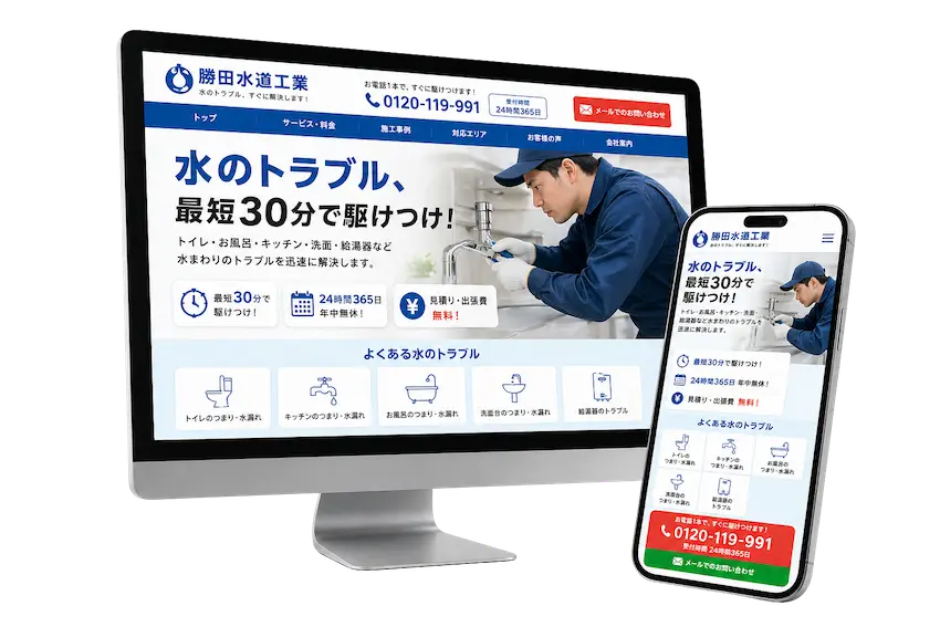 水道修理業者向け集客サイトのWebデザインモックアップ。デスクトップとスマートフォンで表示されたホームページのイメージ