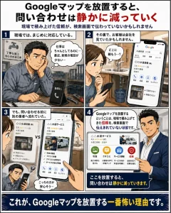 水道業者の社長がGoogleマップ対策を後回しにしてしまい、地域のお客様に見つかりにくくなる様子を描いた集客漫画