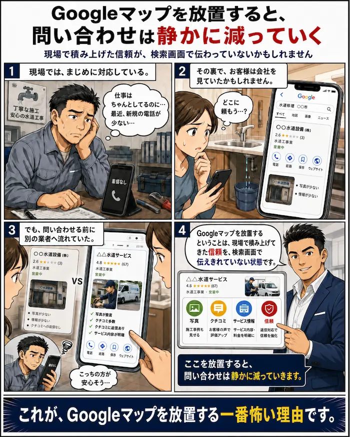 水道業者の社長がGoogleマップ対策を後回しにしてしまい、地域のお客様に見つかりにくくなる様子を描いた集客漫画