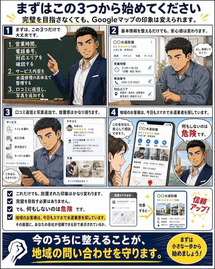 水道修理業者がGoogleマップ情報、口コミ、写真、対応エリアを整えて問い合わせ導線を改善する様子を描いたMEO対策漫画