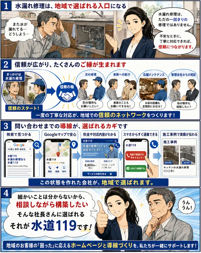水漏れ修理をきっかけに信頼が広がり、紹介や次の修理相談につながる流れを水道119の社長と社長が説明する水道業者向け集客漫画