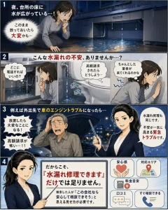 夜の水漏れトラブルに不安を感じるお客様の様子と、水漏れ修理は緊急性の高い依頼であることを水道１１９の社長が解説する水道業者向け集客漫画