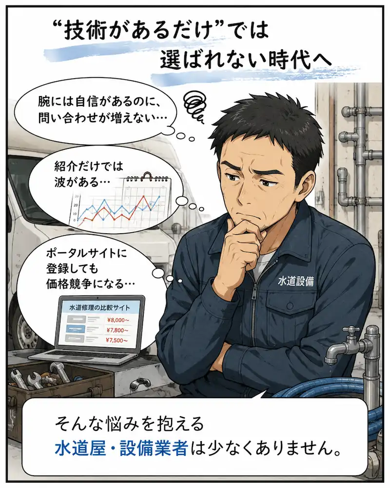 水道屋の集客で悩む設備業者のイメージ漫画