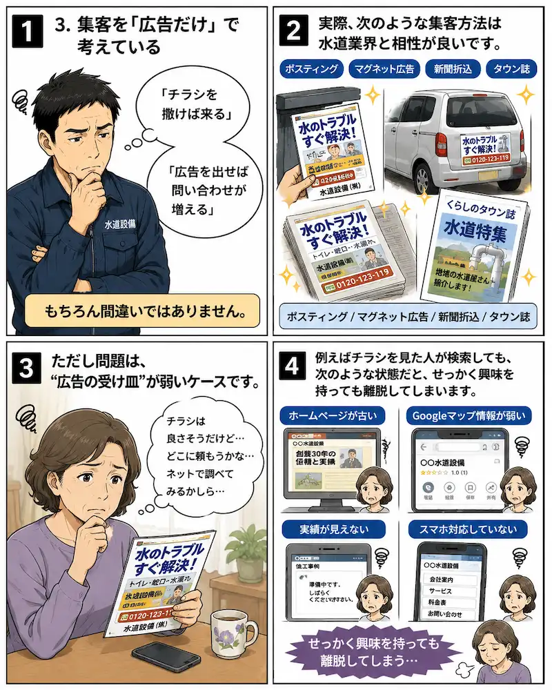 水道屋の広告集客とホームページ改善を解説する4コマ漫画
