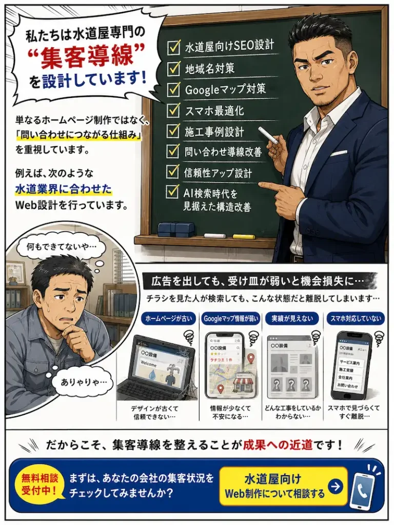 水道屋向けWeb集客導線改善を解説する漫画イラスト