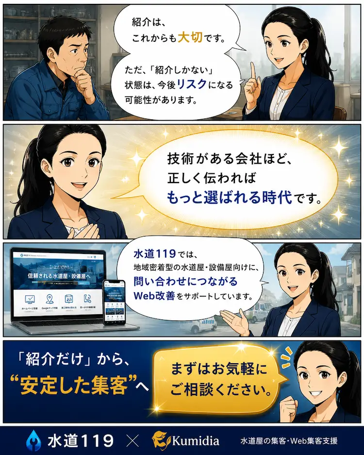 紹介だけに頼らず安定した集客を目指す水道屋向けWeb改善サービスのご案内漫画