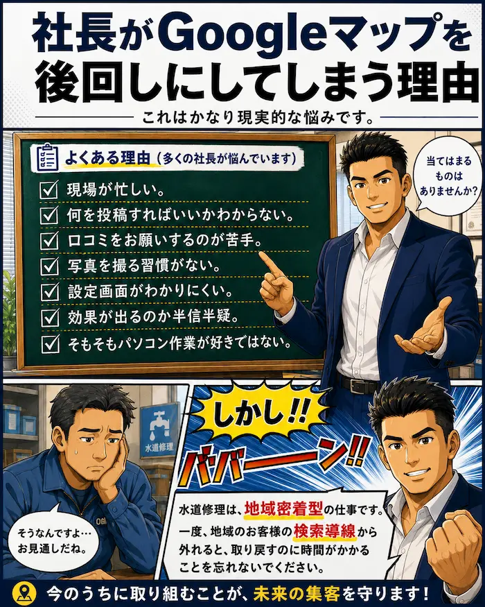 営業時間やサービス内容、写真が古いGoogleマップ情報によって、水道業者への問い合わせが減る理由を解説する漫画