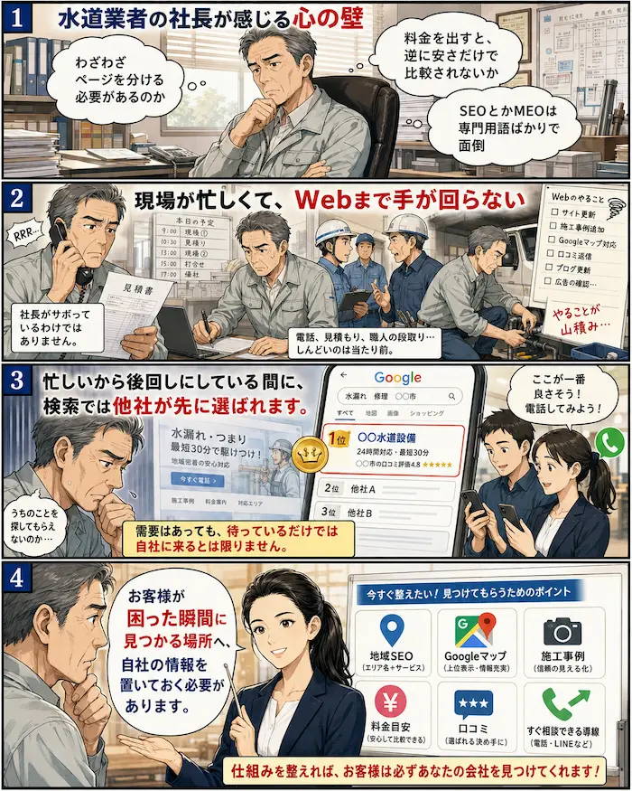 水漏れ修理の集客強化が必要とわかっていても、SEOやMEO、料金表示、Web対応に悩む水道業者の社長と水道119の社長を描いた4コマ漫画