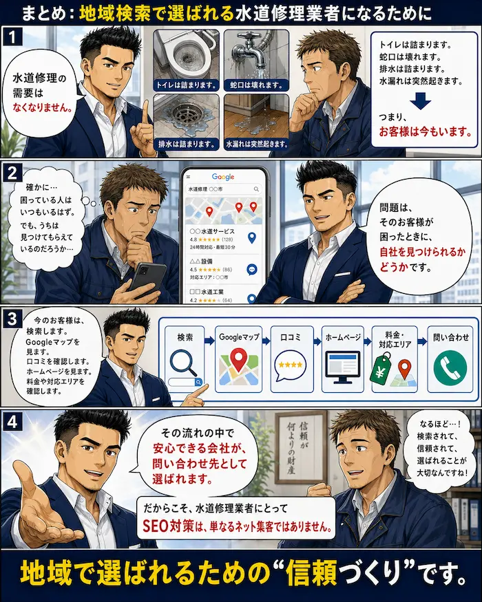 水道修理業者が地域検索で選ばれるために、Googleマップや口コミ、ホームページ、料金情報を整えるSEO対策まとめ漫画
