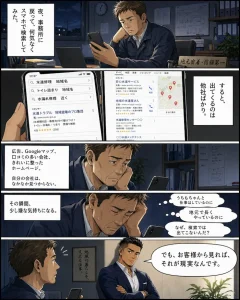 水道修理業者の社長が夜にスマホで地域検索を確認し、自社が検索結果に見つからない現実に気づくSEO対策漫画