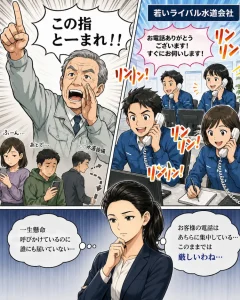 水道修理業者の社長が呼びかけても問い合わせが届かず、若いライバル会社に電話が集中している様子を描いたWeb集客改善漫画