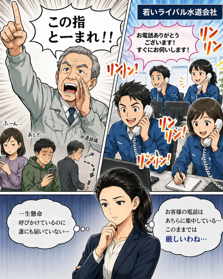 水道修理業者の社長が呼びかけても問い合わせが届かず、若いライバル会社に電話が集中している様子を描いたWeb集客改善漫画
