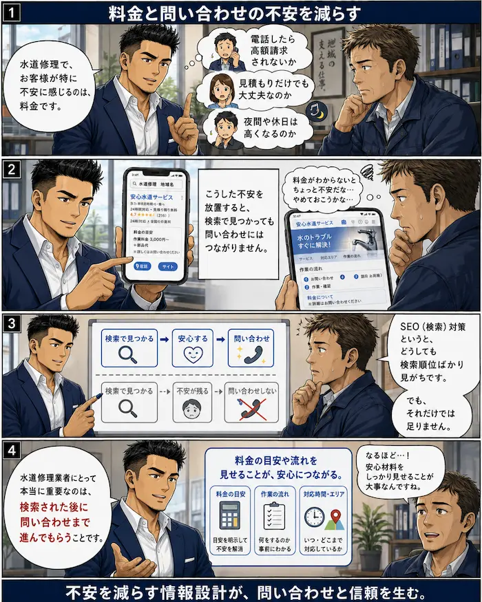 水道修理業者向けに料金の不安を減らし、検索後の問い合わせにつなげる導線設計を解説するSEO対策漫画
