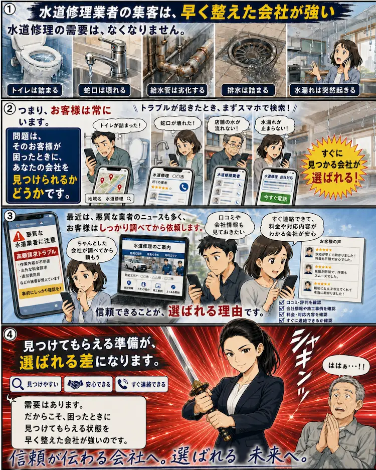 水道修理業者の集客は早く整えた会社が強いことを、BOSS2が刀を構えて力強く伝えるWeb集客漫画