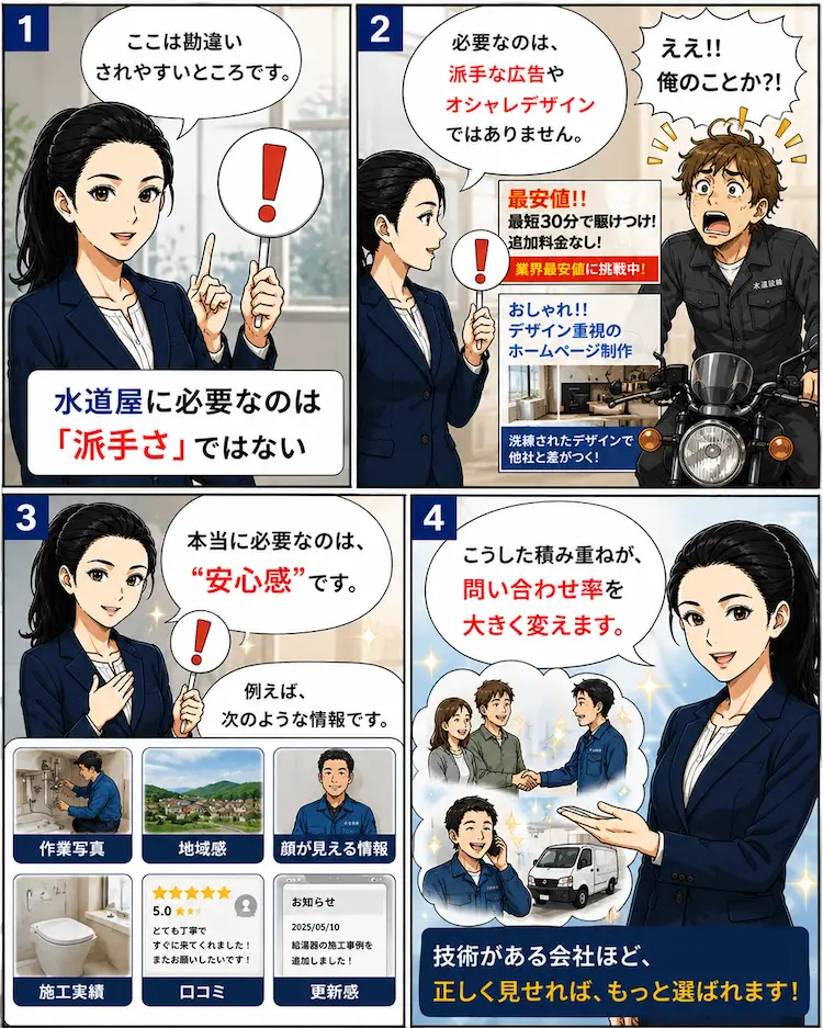 水道屋のWeb集客では派手なデザインより安心感が重要だと解説する4コマ漫画。施工事例・口コミ・地域感の大切さを紹介
