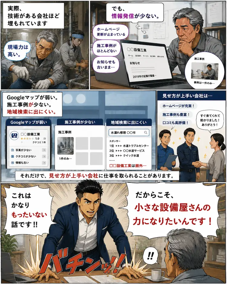 Googleマップや施工事例不足でネット検索に埋もれてしまう水道屋を水道１１９の担当者が解説している4コマ漫画