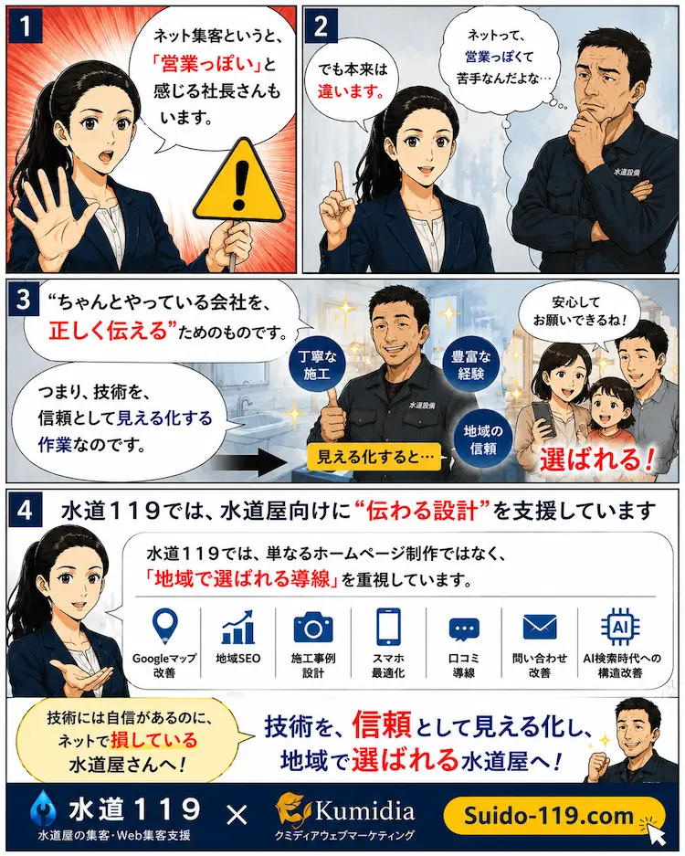 技術力は高いのにネット集客で損している水道屋・設備屋の現実を解説する4コマ漫画。ホームページ情報不足やGoogleマップ未対策の課題を紹介