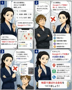 水道屋・設備屋向けにGoogleマップ対策（MEO）が重要な理由を解説する4コマ漫画。地域検索・口コミ・写真更新の重要性を紹介