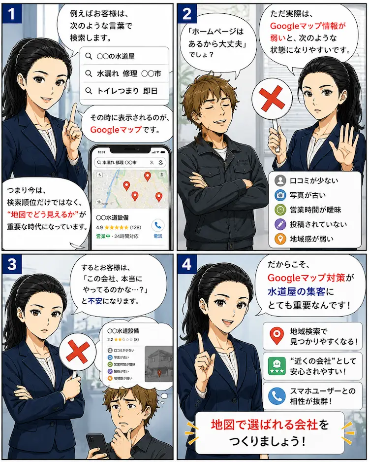 水道屋・設備屋向けにGoogleマップ対策（MEO）が重要な理由を解説する4コマ漫画。地域検索・口コミ・写真更新の重要性を紹介