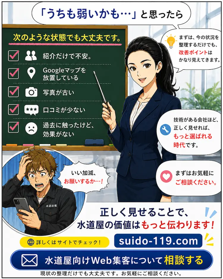 水道屋・設備屋向けのGoogleマップ対策とWeb集客改善を案内するCTA漫画。紹介依存や口コミ不足に悩む会社向け相談イラスト