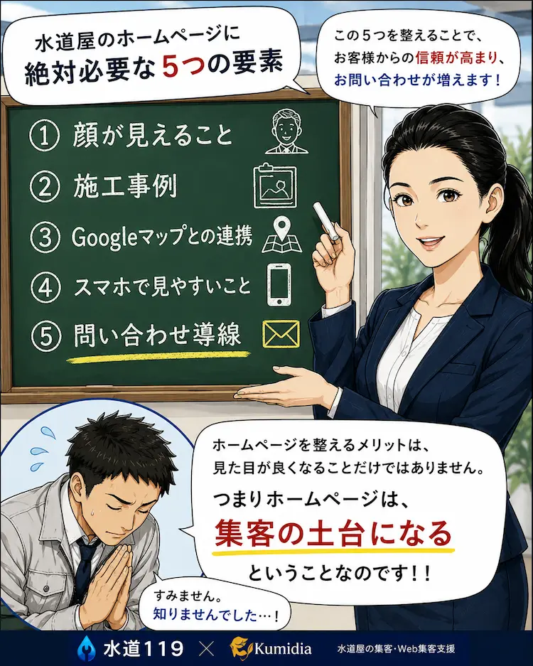 水道屋のホームページに必要な5つの要素として顔写真・施工事例・Googleマップ連携・スマホ対応・問い合わせ導線を黒板で解説する水道119の女性担当者