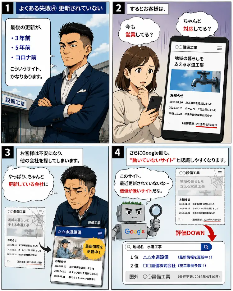 更新されていない古いホームページによってお客様が不安を感じ、Google評価にも影響する問題を解説する水道屋向け4コマ漫画