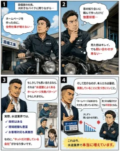 水道屋・設備屋の社長がホームページを作ったのに問い合わせが増えず悩む様子と、Web集客の失敗パターンを解説する4コマ漫画