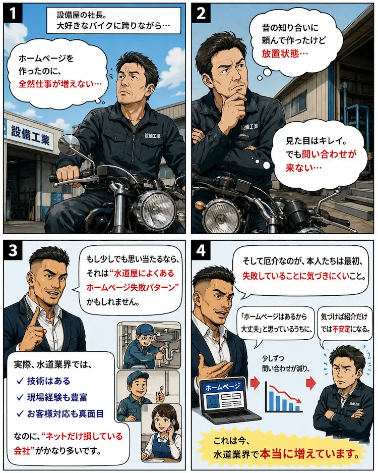水道屋・設備屋の社長がホームページを作ったのに問い合わせが増えず悩む様子と、Web集客の失敗パターンを解説する4コマ漫画