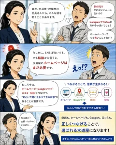 SNSだけで十分だと思っていた設備屋社長に対し、ホームページ・Googleマップ・口コミ連携の重要性を解説する水道119の女性担当者の4コマ漫画