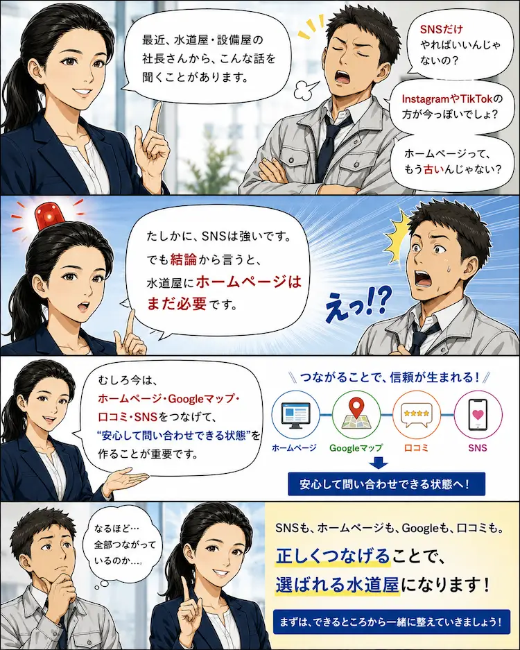 SNSだけで十分だと思っていた設備屋社長に対し、ホームページ・Googleマップ・口コミ連携の重要性を解説する水道119の女性担当者の4コマ漫画