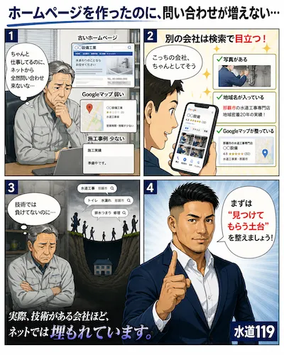 水道修理業車のためのWeb集客33,000円プランの解説漫画