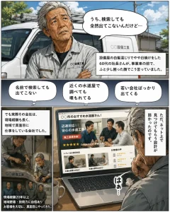 ネット検索で見つからず悩む設備屋の社長と水道業界の集客課題を描いた4コマ漫画