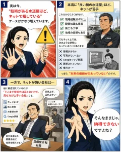 水道屋・設備屋向けにネット集客で技術を見える化する重要性を解説する漫画。Googleマップ対策・地域SEO・施工事例改善を紹介