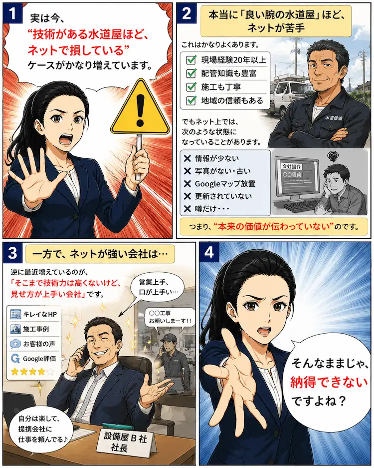 水道屋・設備屋向けにネット集客で技術を見える化する重要性を解説する漫画。Googleマップ対策・地域SEO・施工事例改善を紹介
