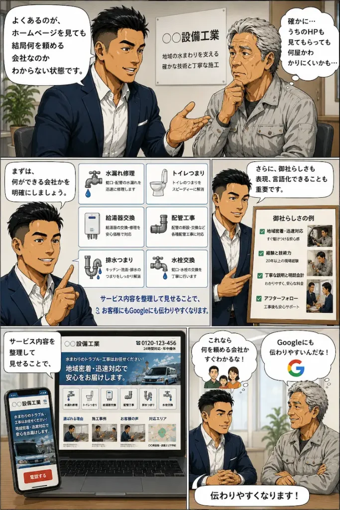 水道屋のサービス内容や施工事例を整理して見せる重要性をBOSS1が解説する漫画