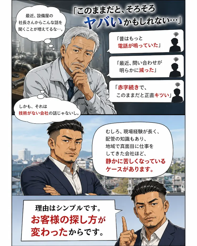 問い合わせ減少に不安を感じる設備屋社長と、水道業界の集客変化を解説する水道119のBOSS1による4コマ漫画