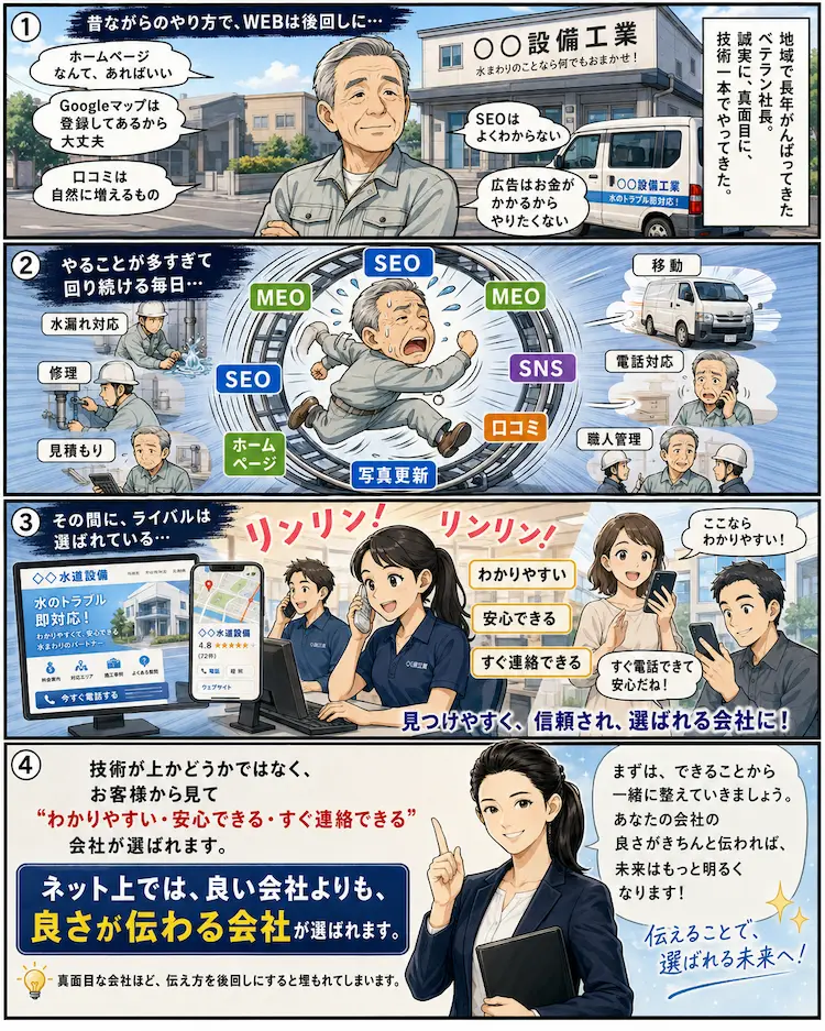 水道業者の社長が現場対応に追われながらSEOやMEO、口コミ対策、写真更新などのWeb集客に悩む様子を描いた漫画