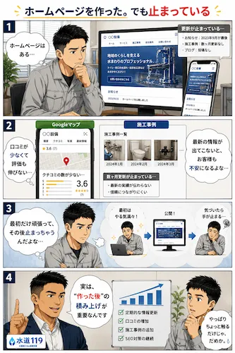 水道修理業車のためのWeb集客66,000円プランの解説漫画