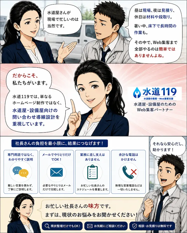 忙しい水道屋社長に寄り添いながら、メール中心で安心してWeb集客相談できることを説明する水道119の女性担当者漫画