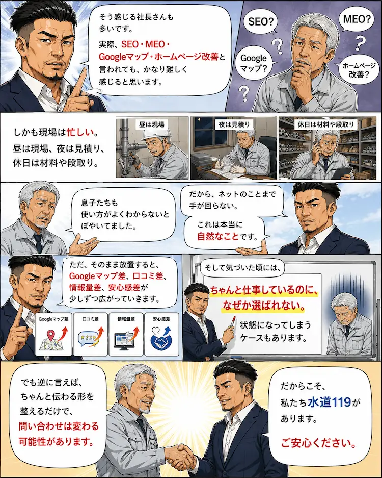SEO・Googleマップ・ホームページ改善に悩む設備屋社長へ向けて、水道119がWeb集客改善をサポートする漫画